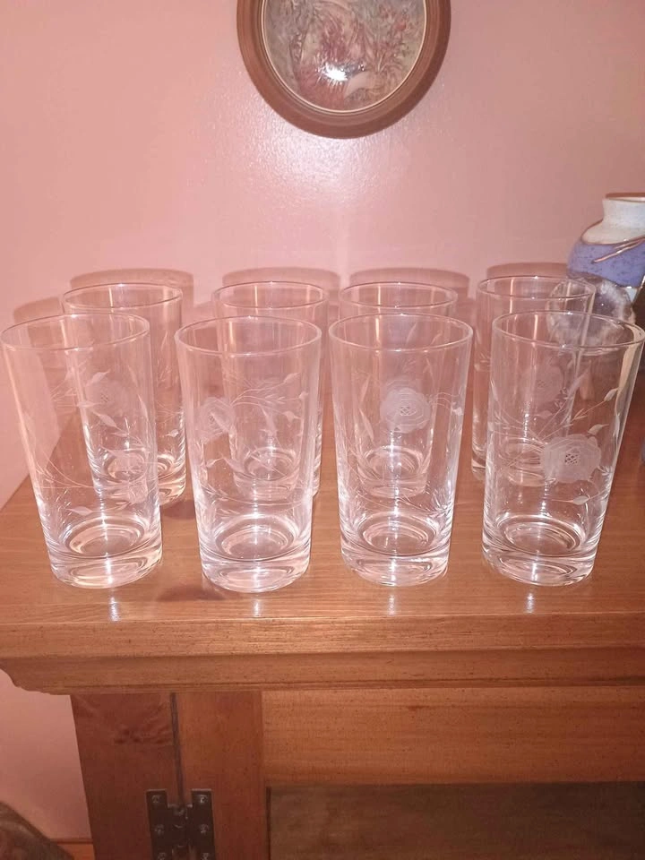 8x Vintage MCM Hand Etched Highball Glasses Roses and Wheat