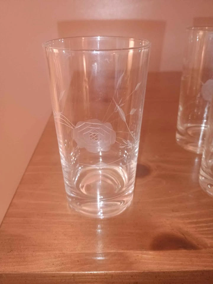 8x Vintage MCM Hand Etched Highball Glasses Roses and Wheat - photo 3
