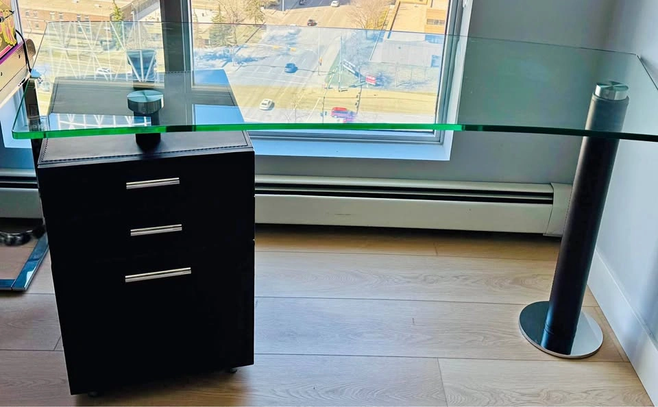 Modern Glass Top Desk with Leather Pedestal and Filing Cabinet