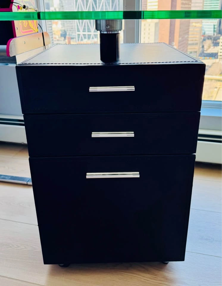 Modern Glass Top Desk with Leather Pedestal and Filing Cabinet - photo 3