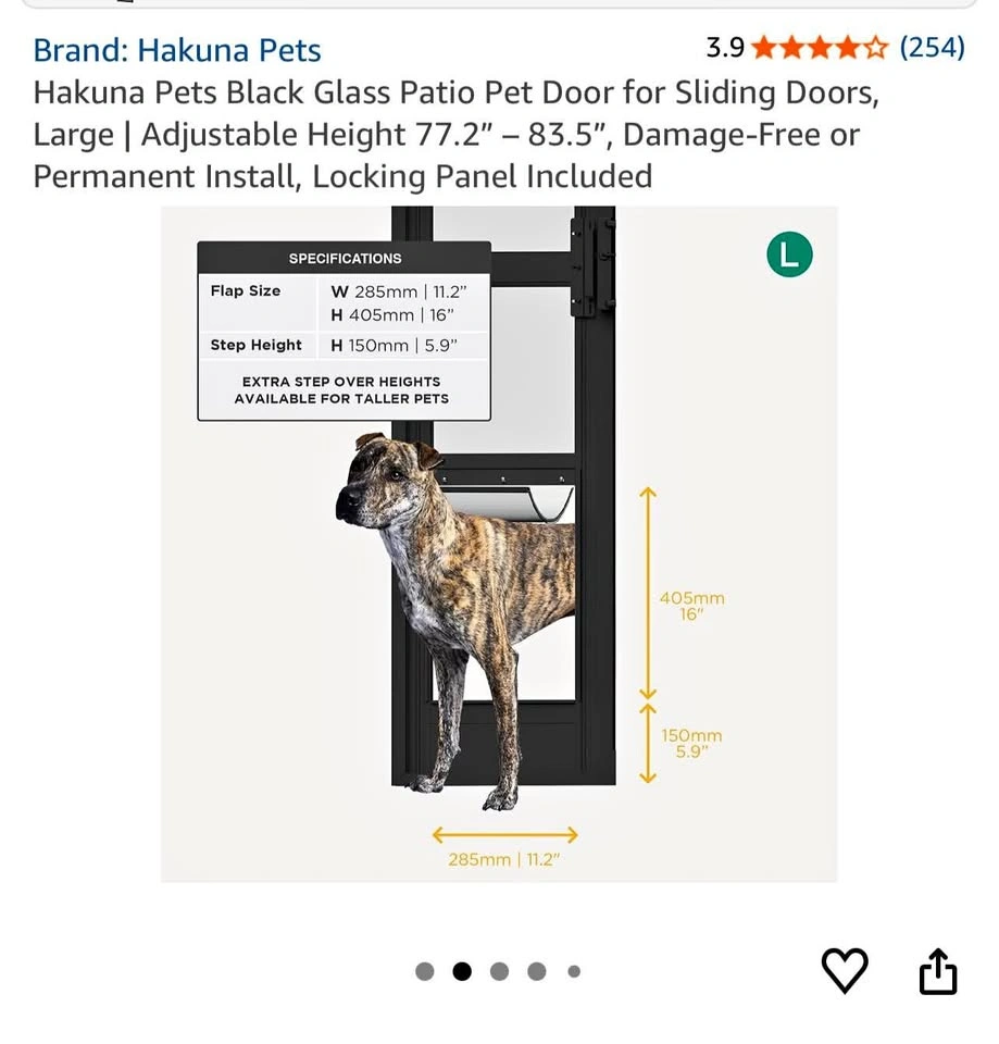 New Hakuna Pets Black Glass Patio Pet Door, Large