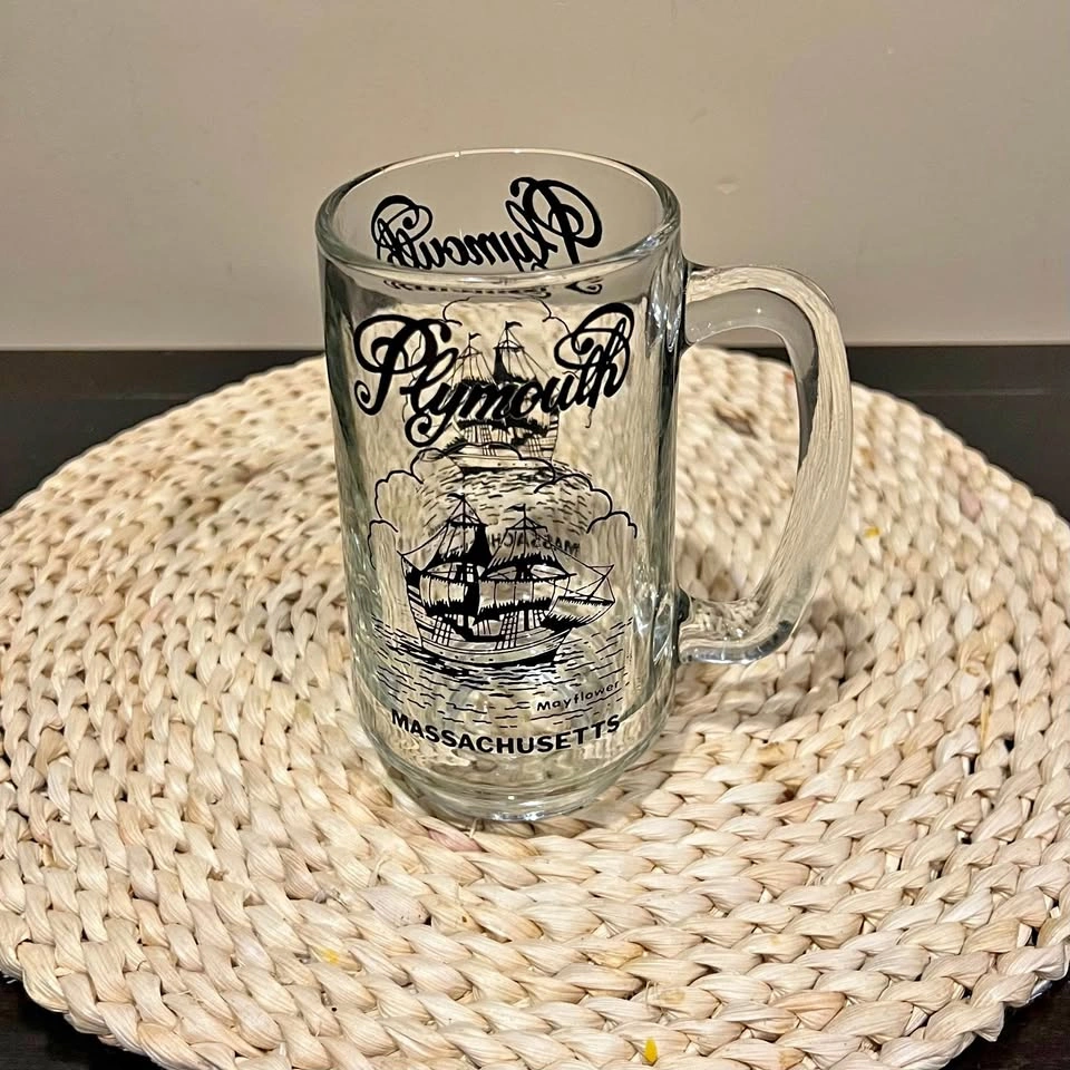 Beer stein mug ships heavy clear glass ‘Plymouth’ Massachusetts