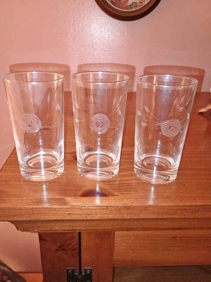 3x Vintage MCM Hand Etched Highball Glasses Roses and Wheat