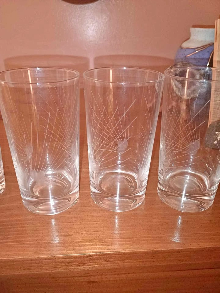 3x Vintage MCM Hand Etched Highball Glasses Wheat