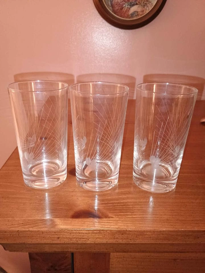 3x Vintage MCM Hand Etched Highball Glasses Wheat - photo 2