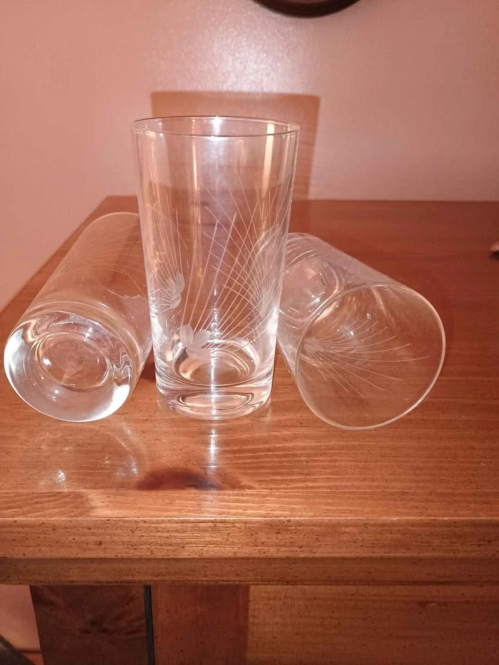 3x Vintage MCM Hand Etched Highball Glasses Wheat - photo 3