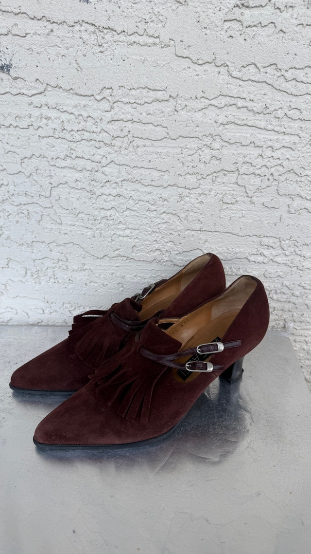 Vintage Casadei Burgundy Suede Fringe Heels – Size 6