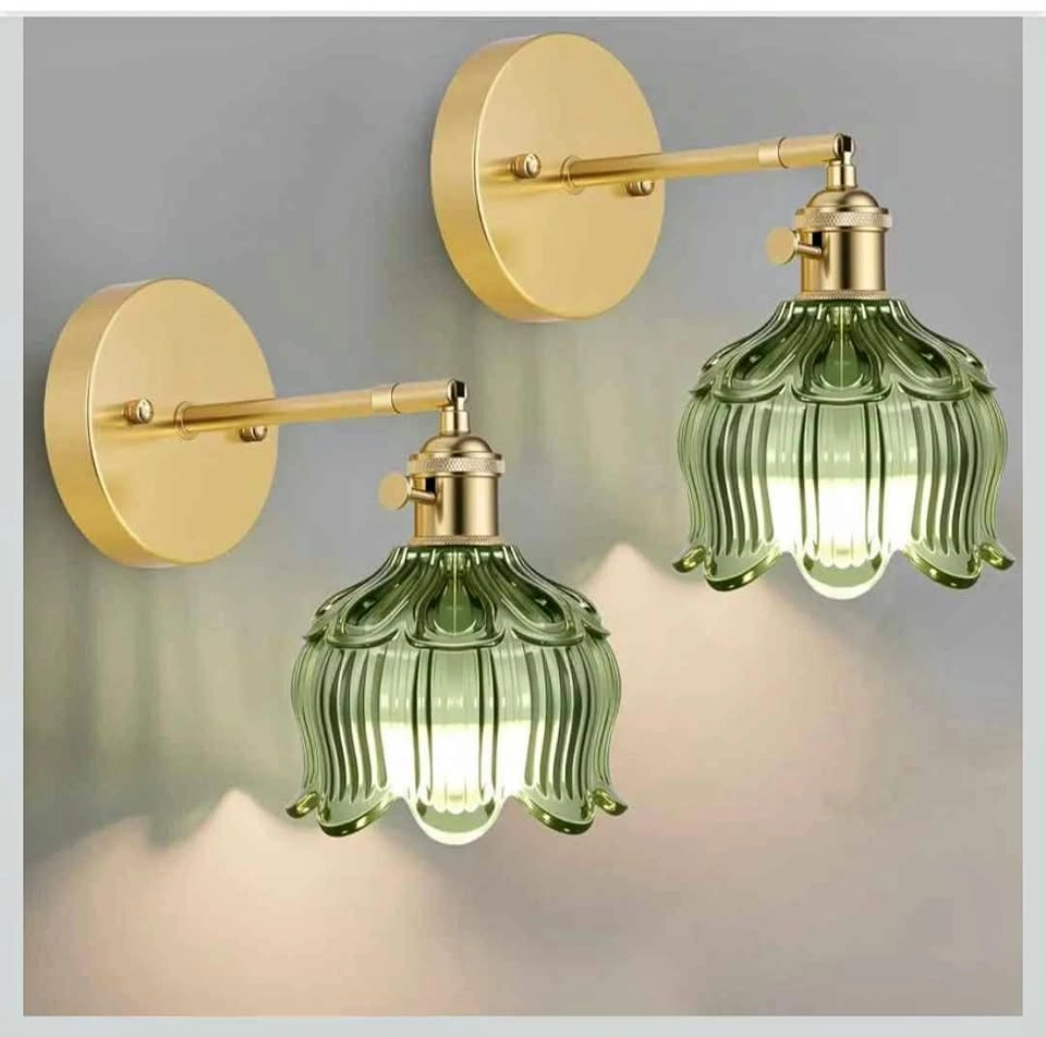 NEW - Pair of Vintage Style Brass Wall Sconces with Green Glass