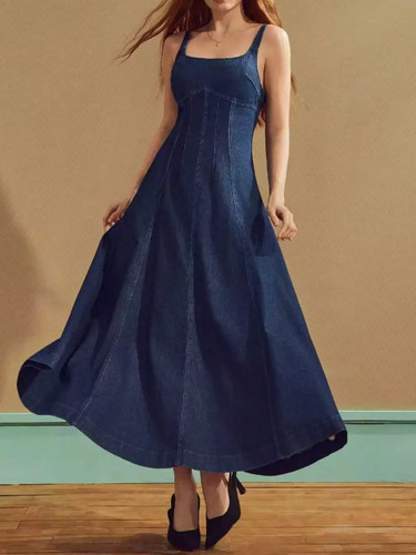 Women's Denim Midi Dress Square Neck A-Line Sleeveless