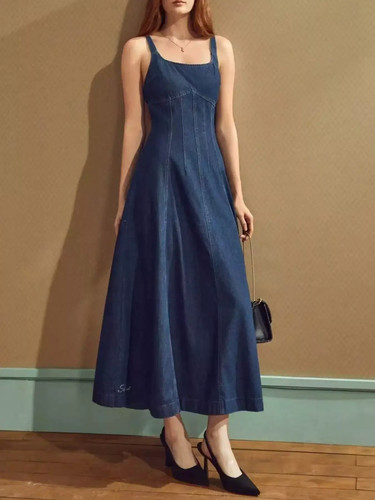 Women's Denim Midi Dress Square Neck A-Line Sleeveless - photo 2