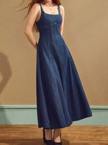 Women's Denim Midi Dress Square Neck A-Line Sleeveless - photo 4