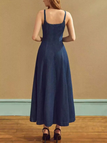 Women's Denim Midi Dress Square Neck A-Line Sleeveless - photo 5