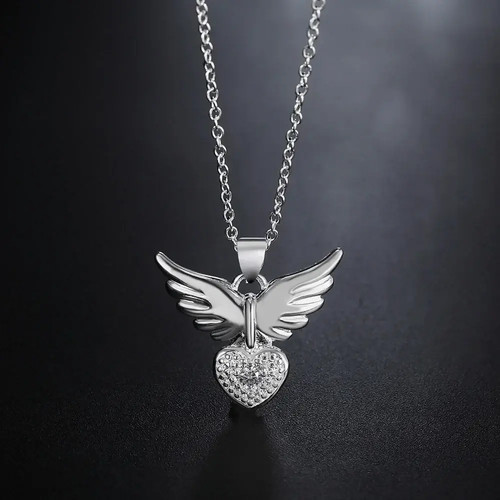 Heart Wings 925 Sterling Silver CZ Zircon Pendant Necklace