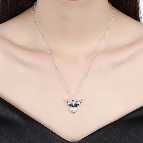 Heart Wings 925 Sterling Silver CZ Zircon Pendant Necklace - photo 3