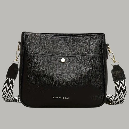 Women’s Black Tote Crossbody Bag with Patterned Strap