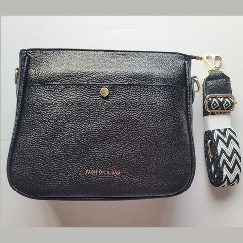 Women’s Black Tote Crossbody Bag with Patterned Strap - photo 2