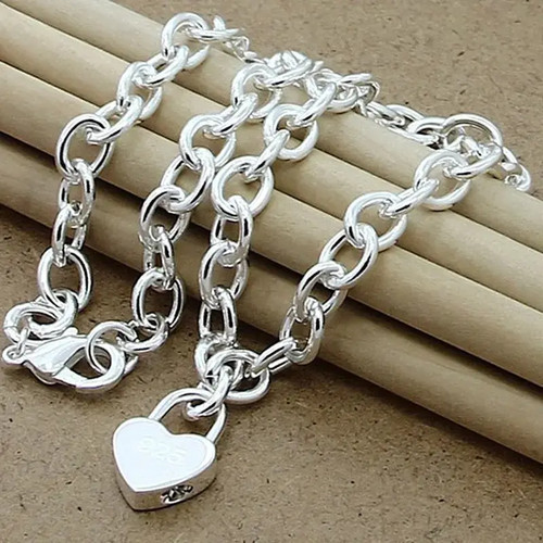 925 Sterling Silver Heart Pendant Necklace Women’s Bold Link Cha