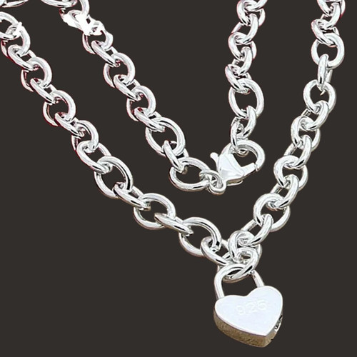 925 Sterling Silver Heart Pendant Necklace Women’s Bold Link Cha - photo 3