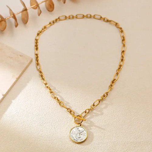 Waterproof Gold Tone Vintage Coin Medallion Pendant Necklace