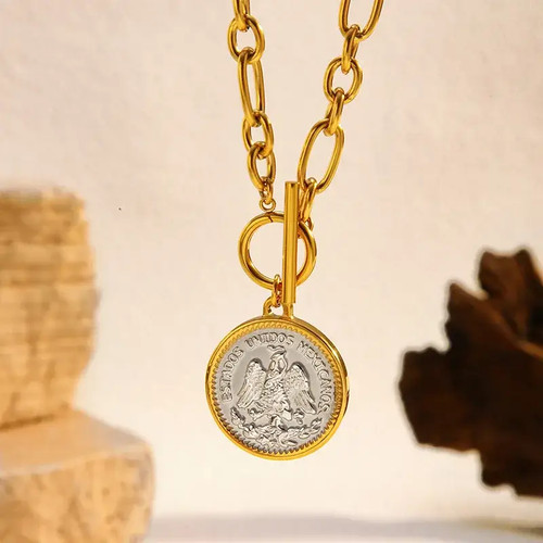 Waterproof Gold Tone Vintage Coin Medallion Pendant Necklace - photo 3