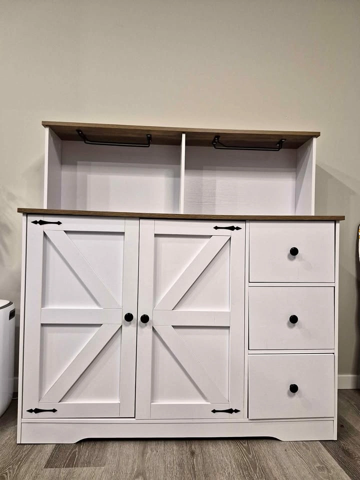 Farmhouse Bar Cabinet with Hutch and Power Outlet