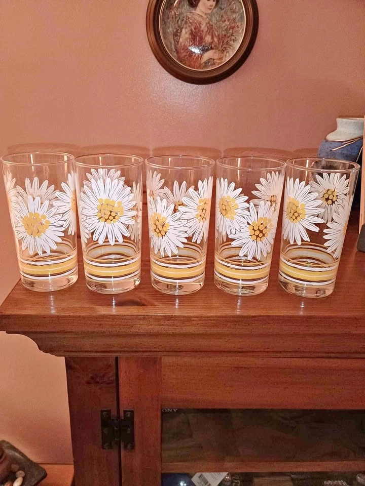 5x Vintage Daisy Glasses Pokee Bartlett Collins Yellow White