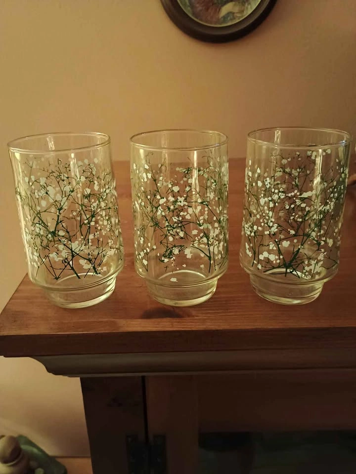 3x Vintage Floral Glasses - Stackable Green White - photo 2