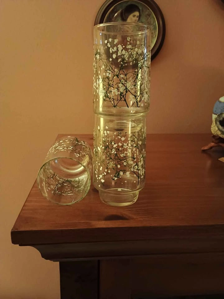 3x Vintage Floral Glasses - Stackable Green White - photo 4