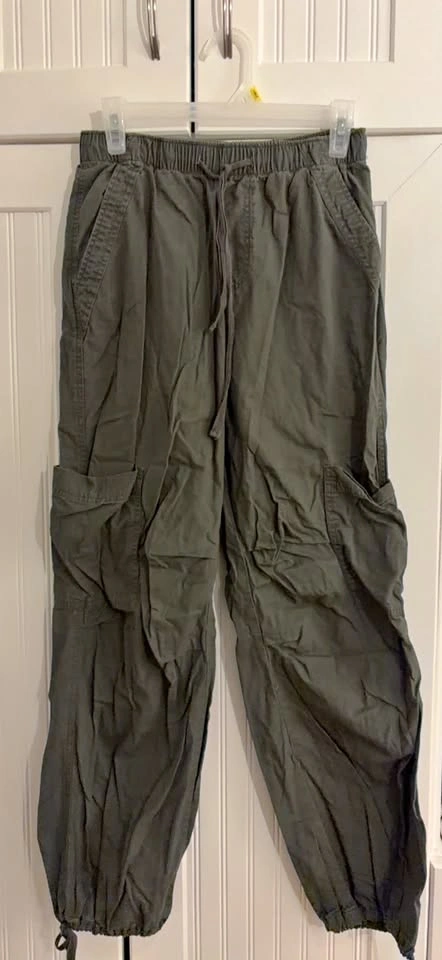 Dark Green Elastic Waist Drawstring Cargo Pants