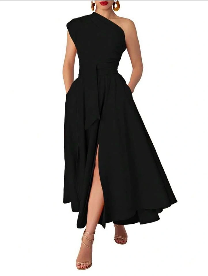Black One-Shoulder Asymmetrical A-Line Maxi Dress