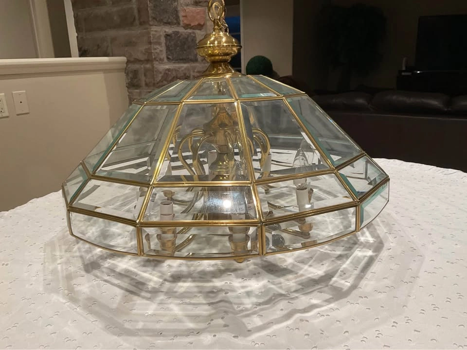 Chandelier Vintage Brass & Bevelled Glass - photo 4