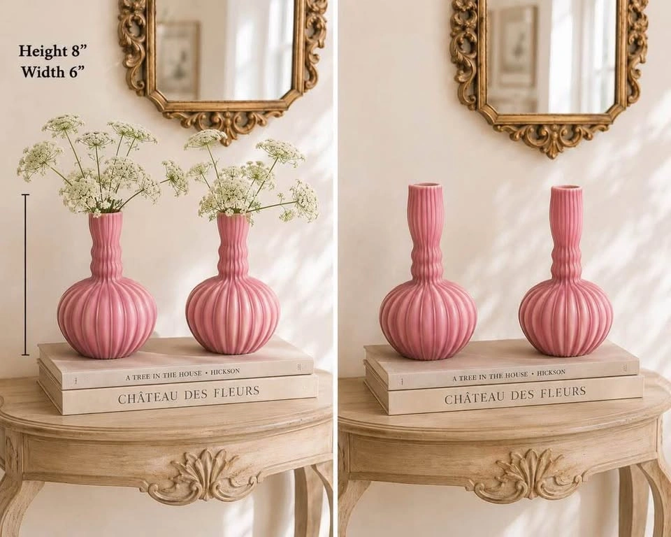 Vases PAIR Antique Ribbed Pink Satin - photo 2