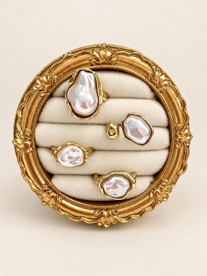 Gold tone pearl ring set