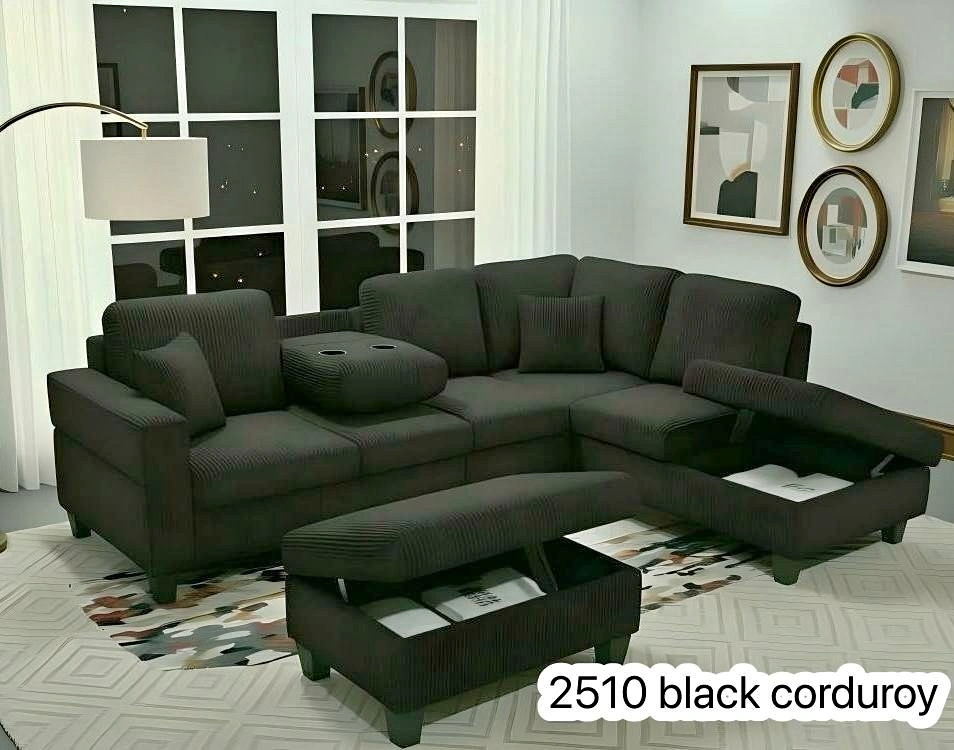 Brand New L Shape Corduroy Sofa Set with Storage & Cup Holders