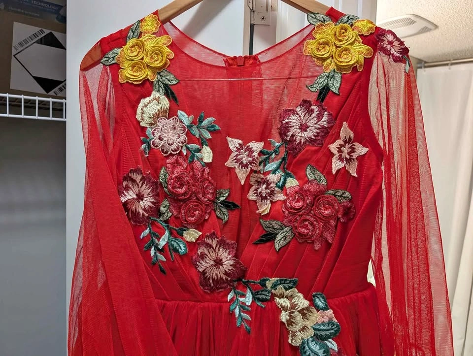 Bright red tulle maxi occasion dress