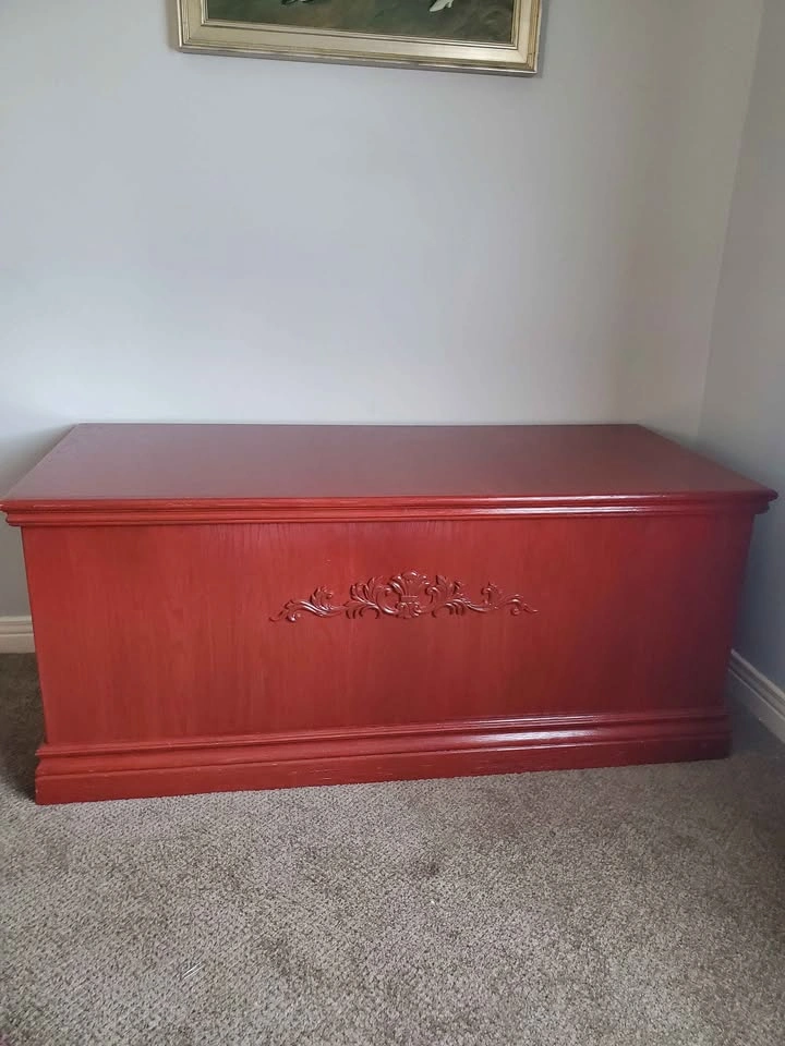 Red Wooden Storage Chest with Decorative Carving - photo 2