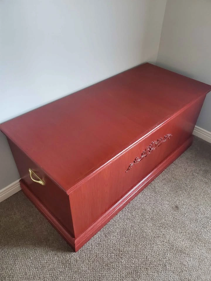 Red Wooden Storage Chest with Decorative Carving - photo 3