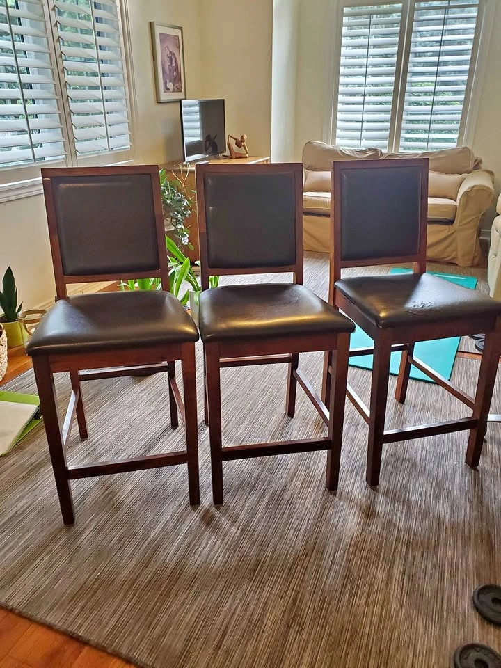 Set of 3 Wood and Faux Leather Bar Stools