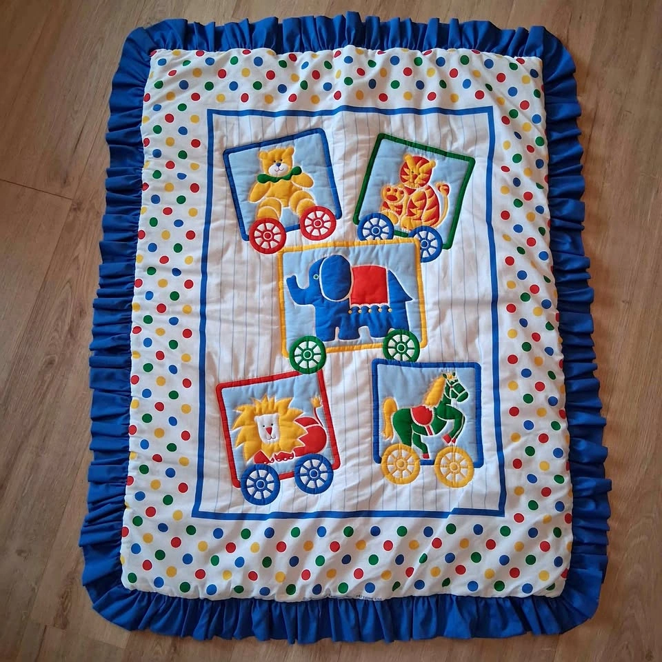 Vintage Baby Blanket Handmade White with Primary Colors
