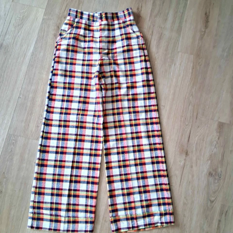 Vintage High Waist Wide Leg Plaid Pants Trousers Size 27"