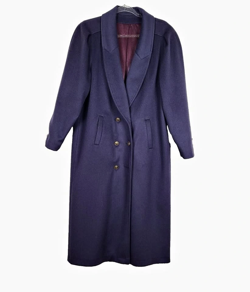 Vintage 80s Tapered Maxi Virgin Wool Winter Coat Medium Blue