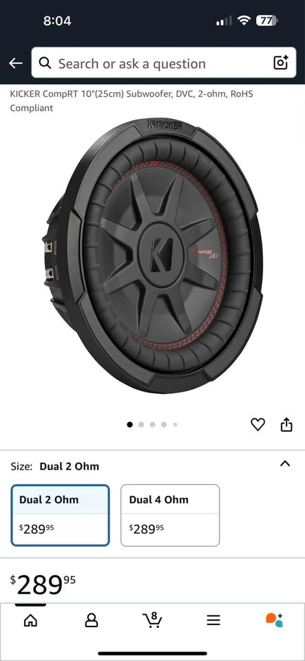 KICKER CompRT 10" Subwoofer, DVC, 2-ohm, RoHS Compliant