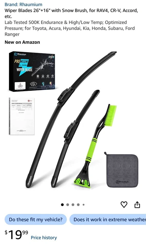 Wiper Blades 26"+16" with Snow Brush, for RAV4, CR-V, Accord