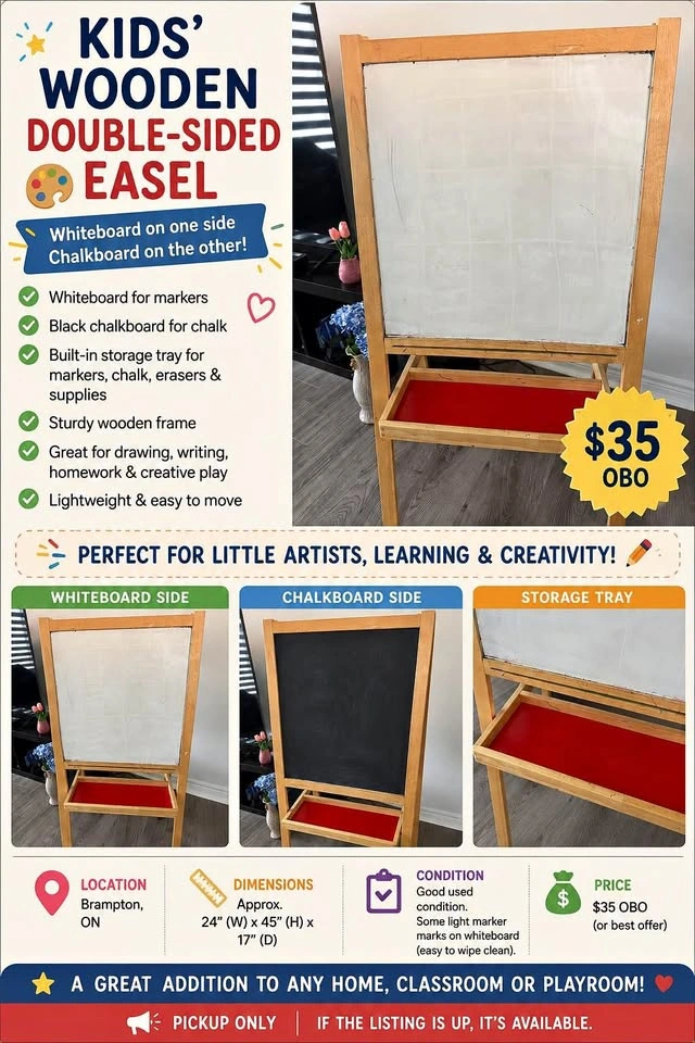 Kids’ Wooden Double-Sided Easel – Whiteboard & Chalkboard