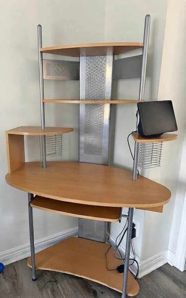 Modern Curved Wood Multi-Tier Computer Desk with Storage