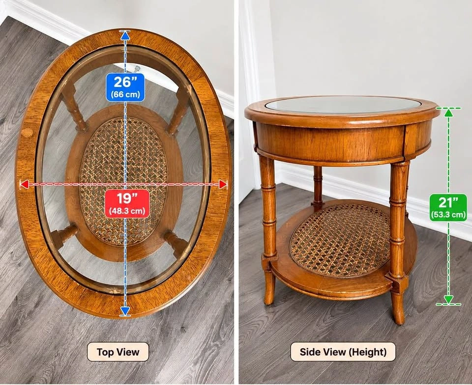Vintage Oval Wooden Side/End Table – Glass Top & Cane Shelf