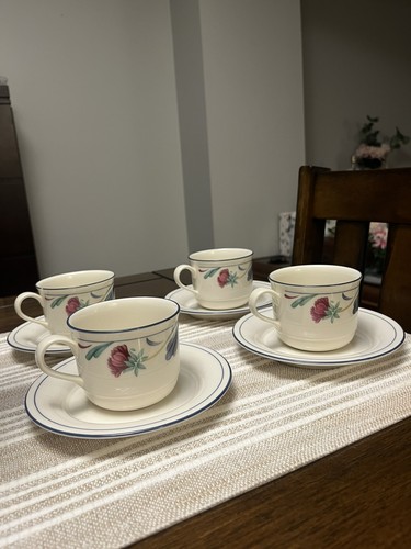 Lenox Chinastone Poppies on Blue 4 Cup & Saucer Sets 8 Pc