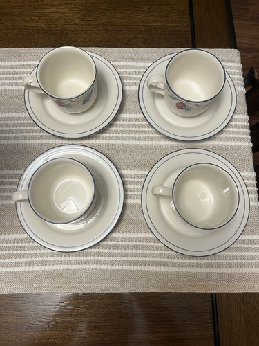 Lenox Chinastone Poppies on Blue 4 Cup & Saucer Sets 8 Pc - photo 3