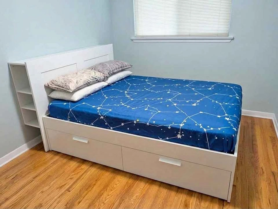IKEA BRIMNES Queen Bed Frame with 4 Storage Drawers & Headboard