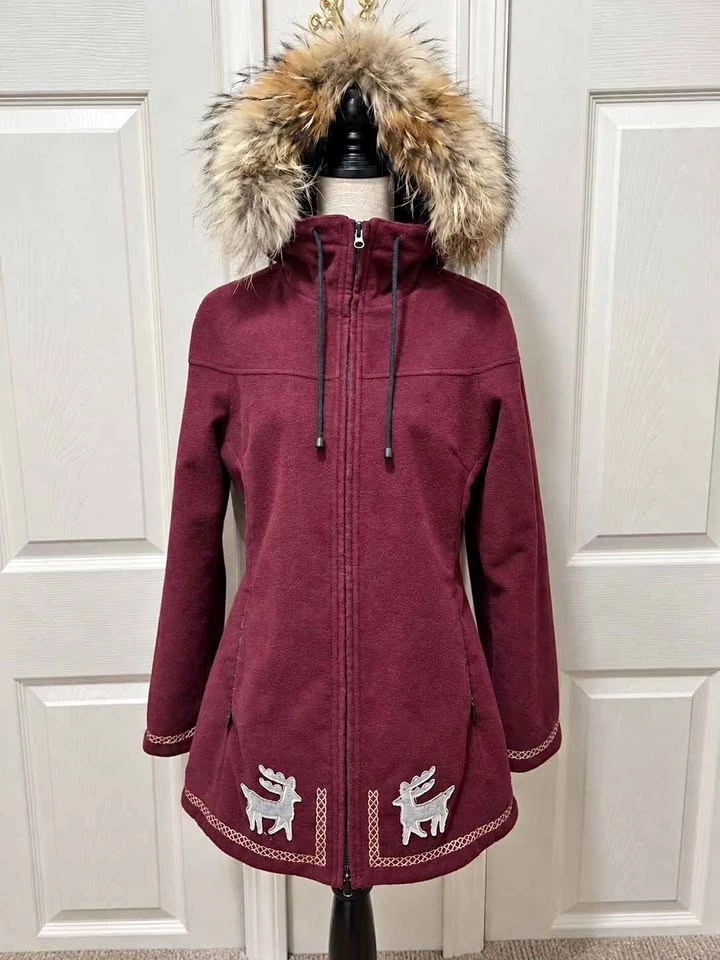 Koko & Gaston Burgundy Real Fur Trim Hooded Coat M